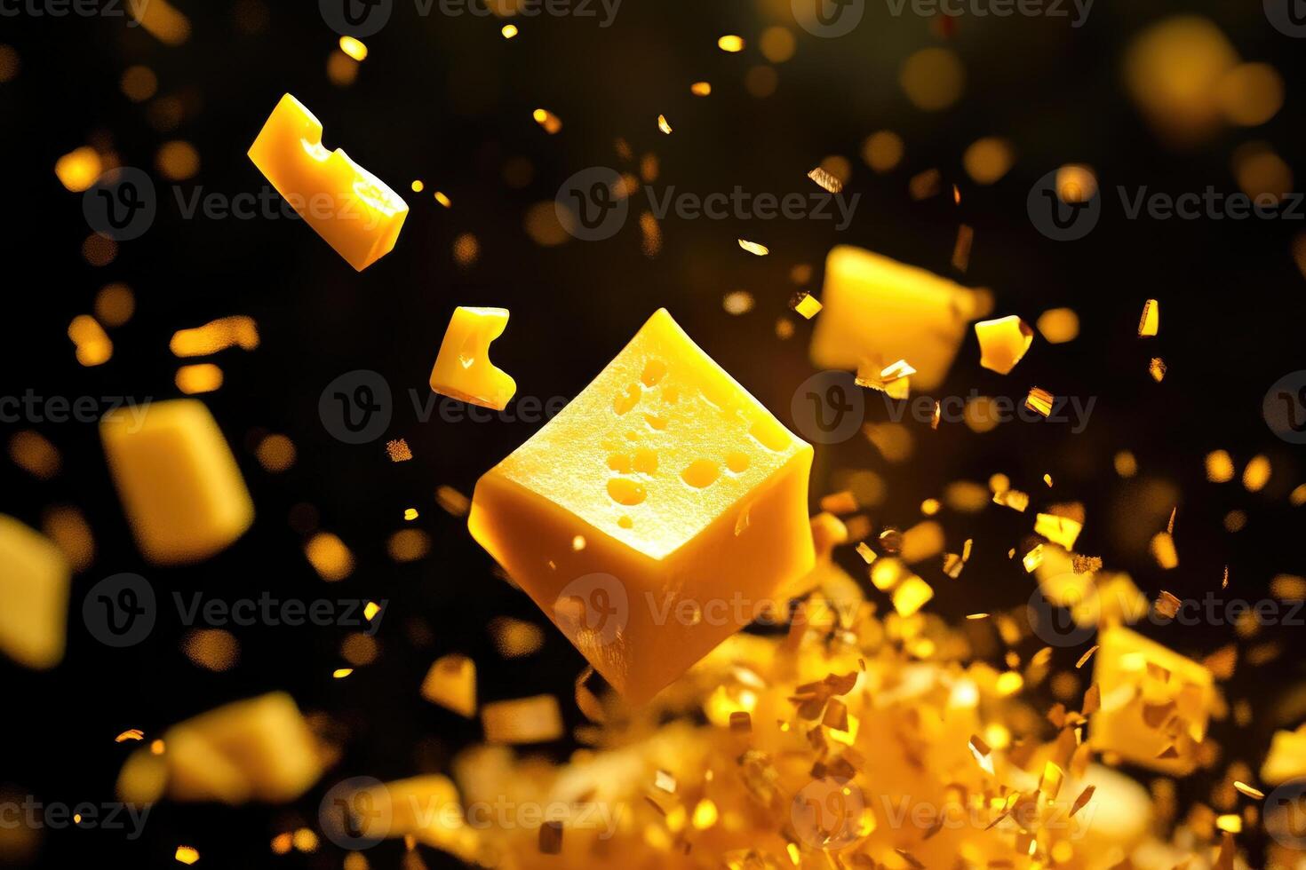 A Large Piece of Swiss Cheese With Smaller Pieces Floating Around It photo