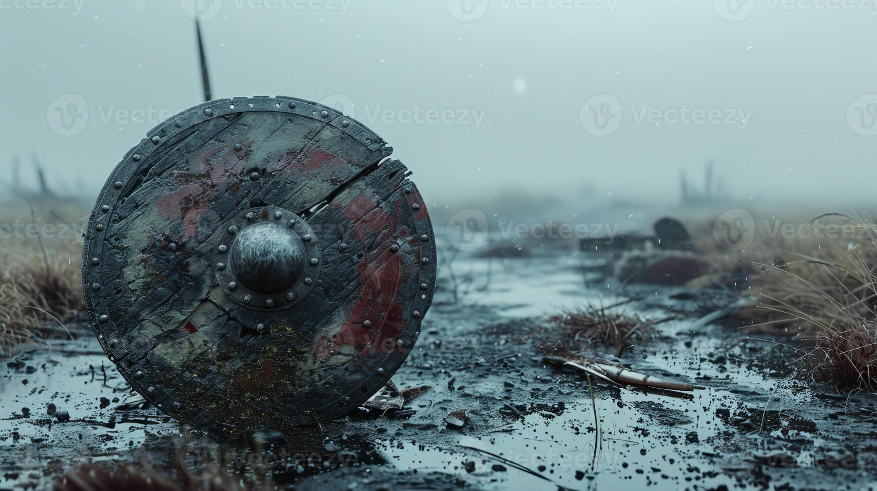 Abandoned Viking Shield in a Misty Battlefield photo