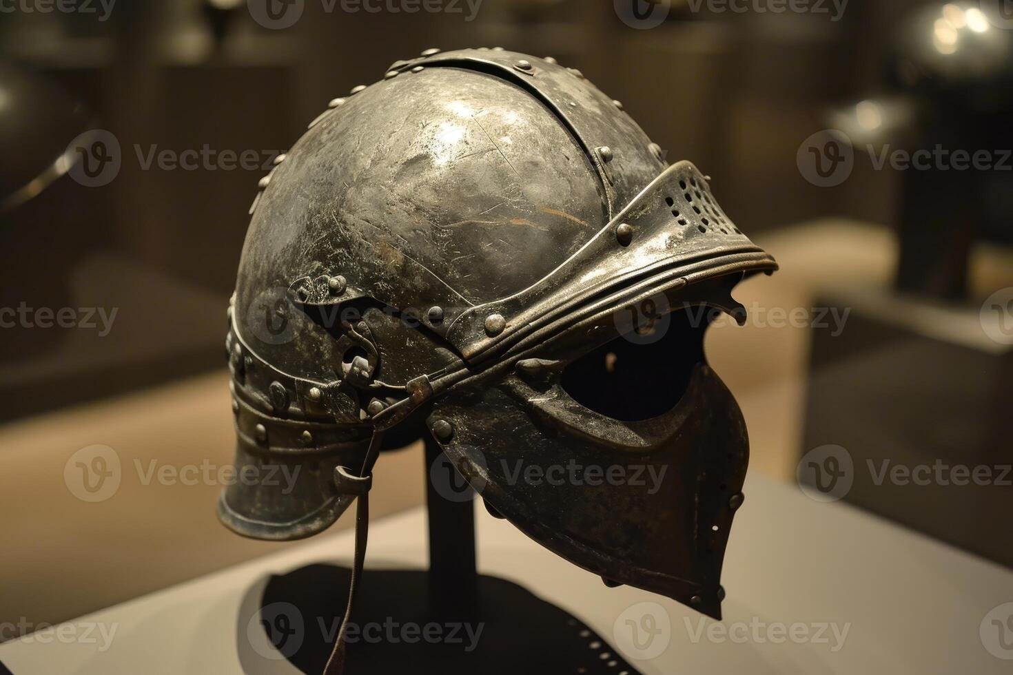 Ancient warrior helmet displayed in a museum photo