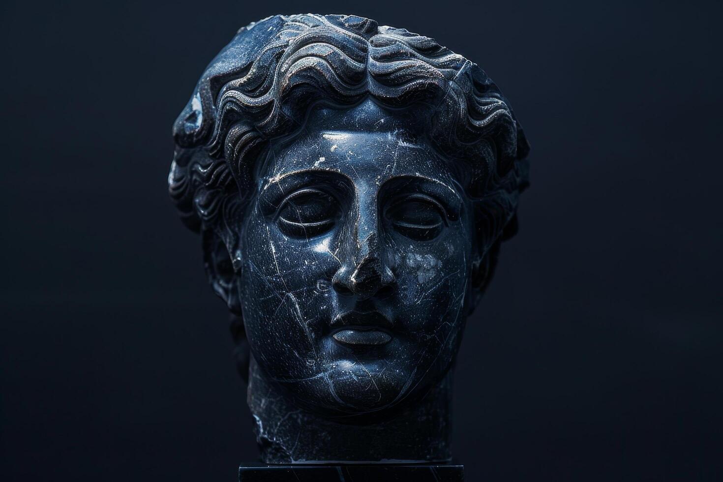 Ancient marble sculpture of a serene face against a dark background photo