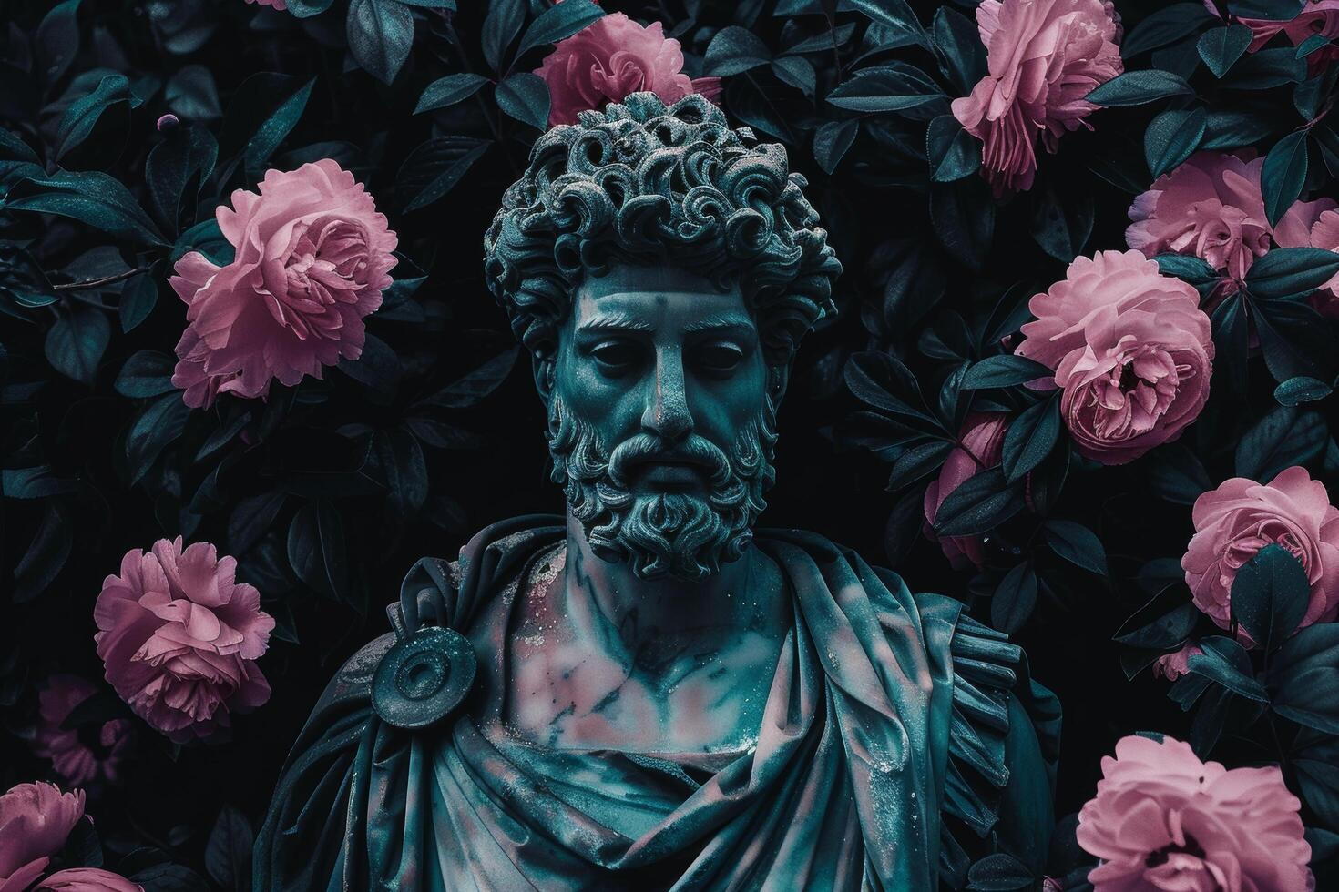 Ancient statue surrounded by vibrant roses in a mystical garden photo