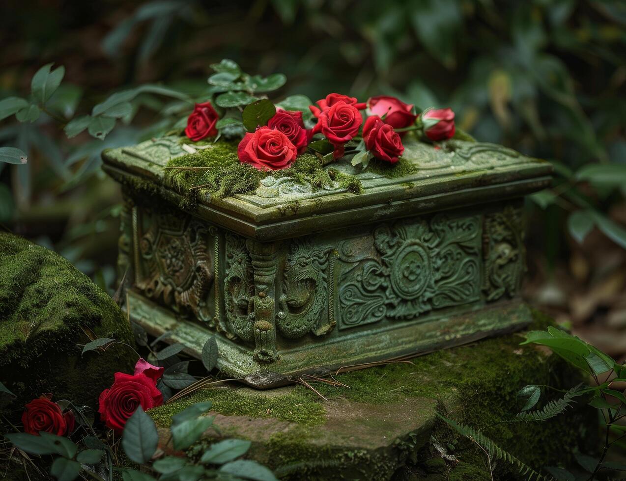 Antique ornate box adorned with fresh roses in a mystical forest setting photo