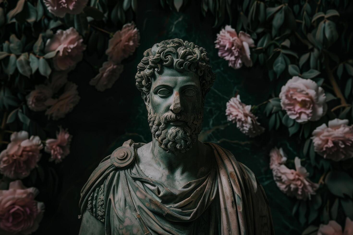 Ancient statue surrounded by lush roses in a moody setting photo