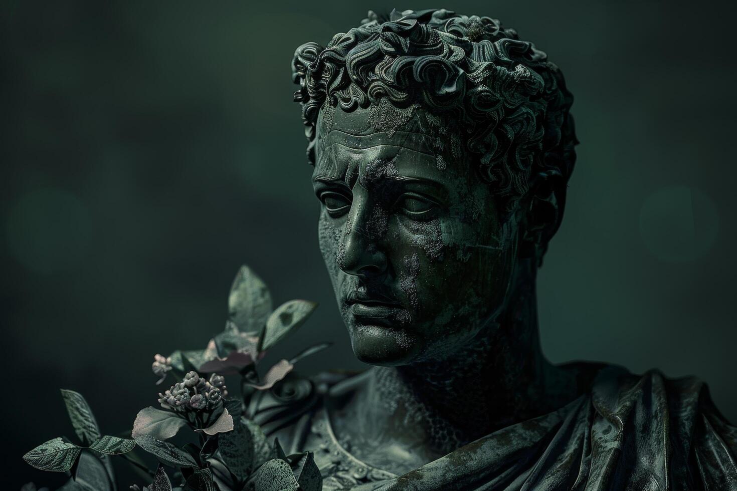 Ancient Roman Statue with Floral Accents in Moody Lighting photo