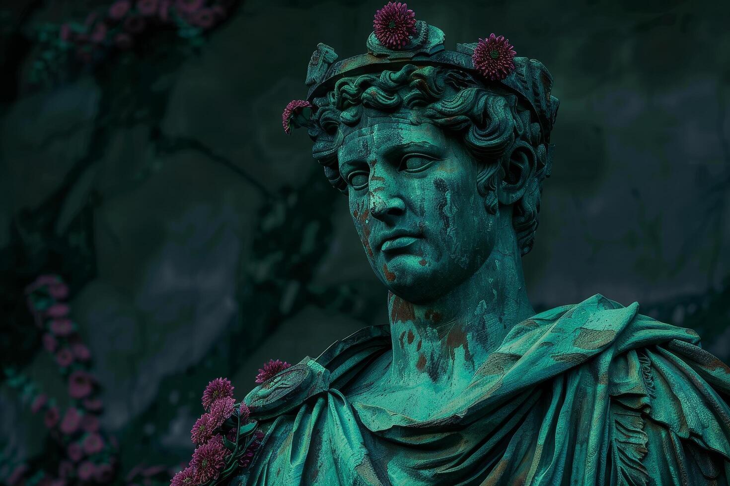 Ancient statue adorned with flowers in a mystical setting photo