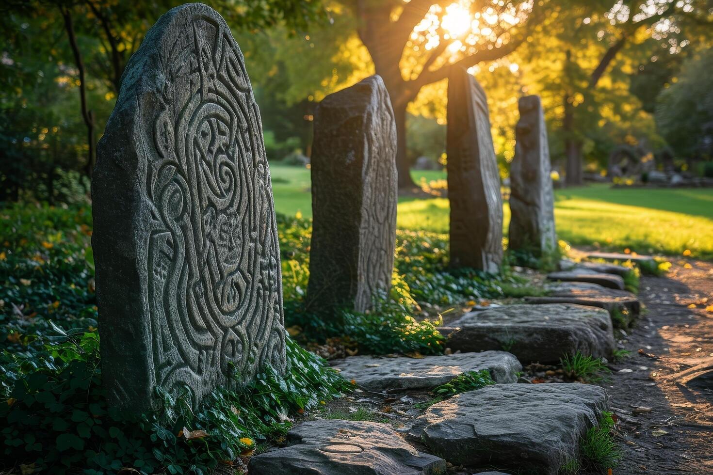 Ancient gravestones in a serene park at sunset photo