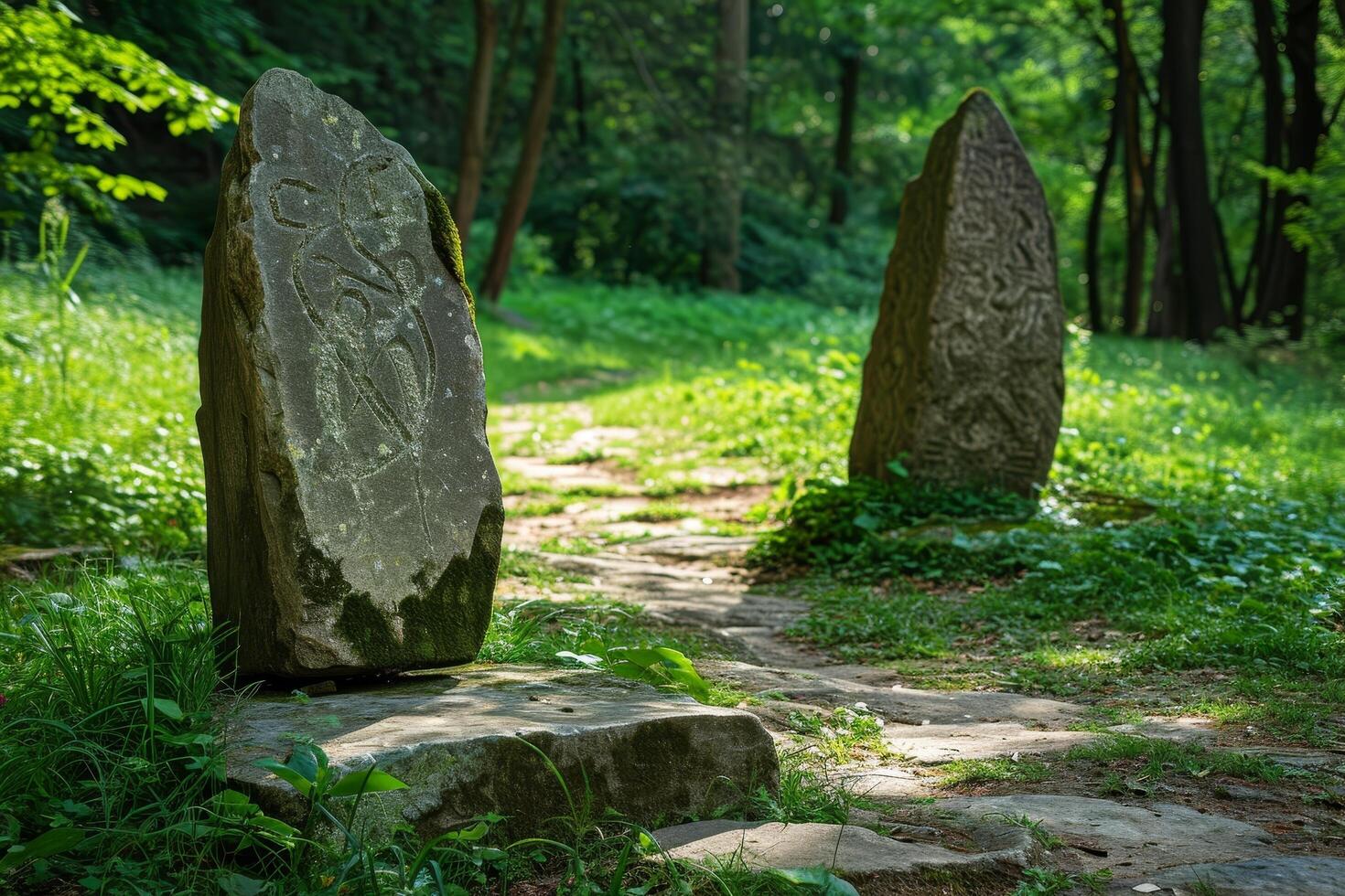 Ancient stone tablets along a forest path photo
