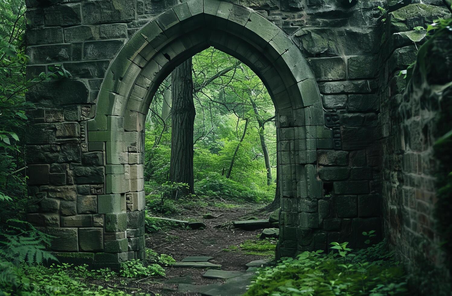 Ancient stone archway leading into a lush forest photo