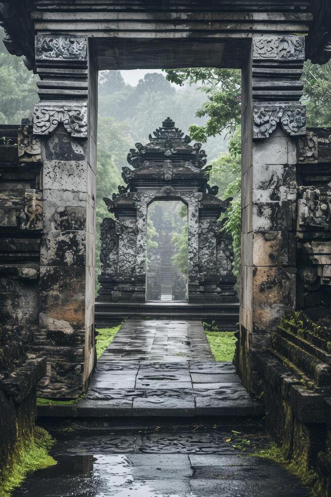 Ancient temple gateway shrouded in mist photo