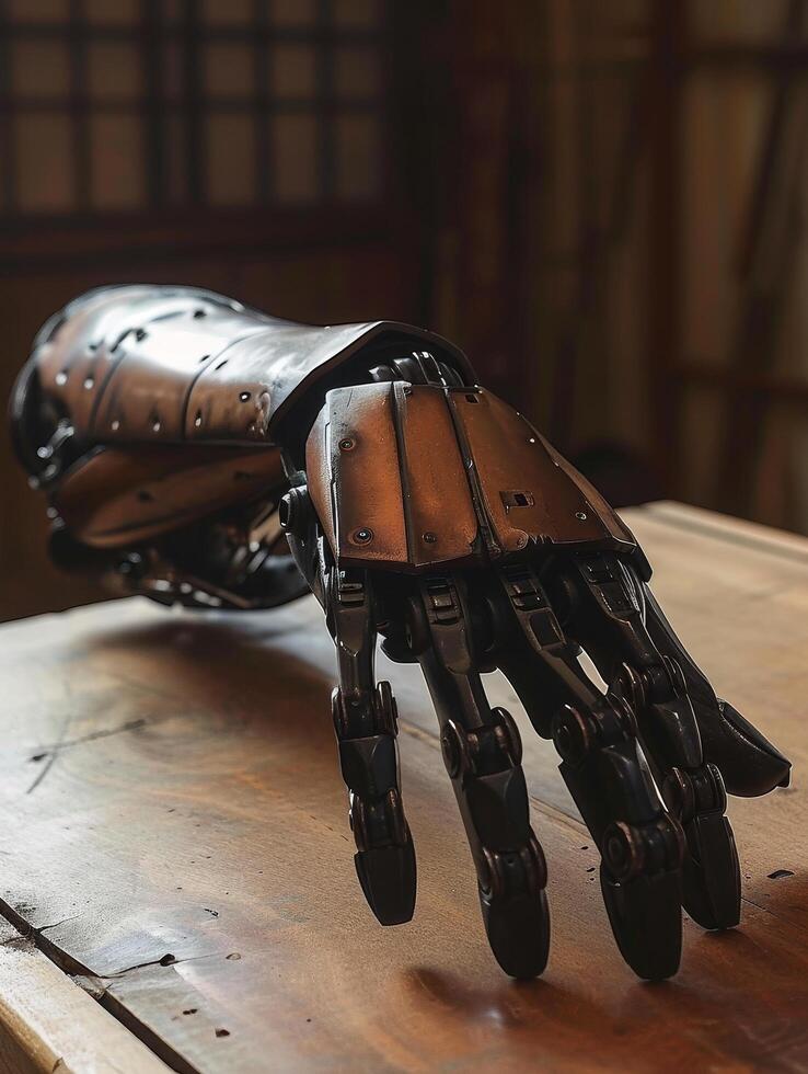 Artificial robotic hand resting on a wooden table photo