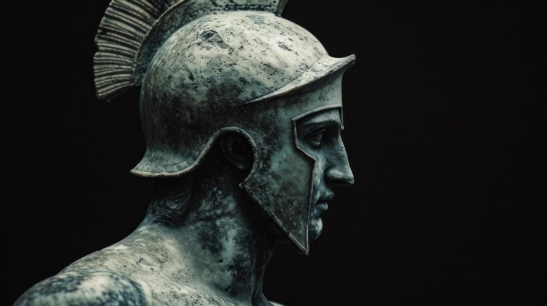 Ancient warrior helmet sculpture on a dark background photo