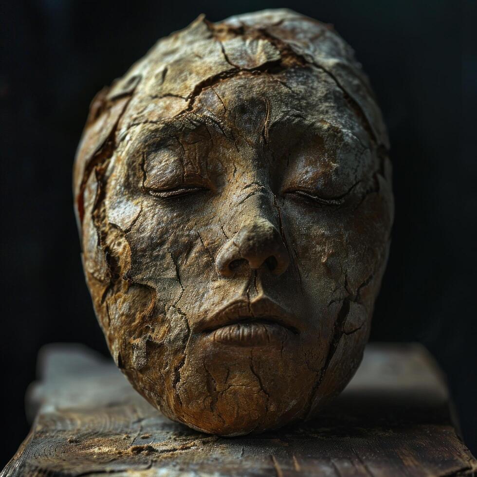 Antique Wooden Sculpture of a Human Face photo