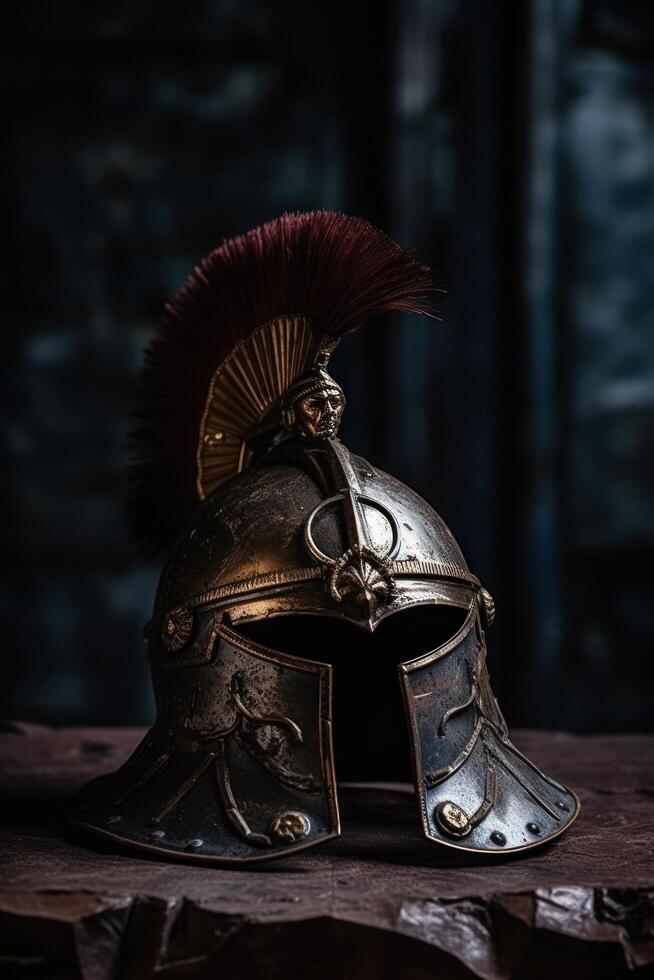 Ancient warrior helmet on a dark background photo