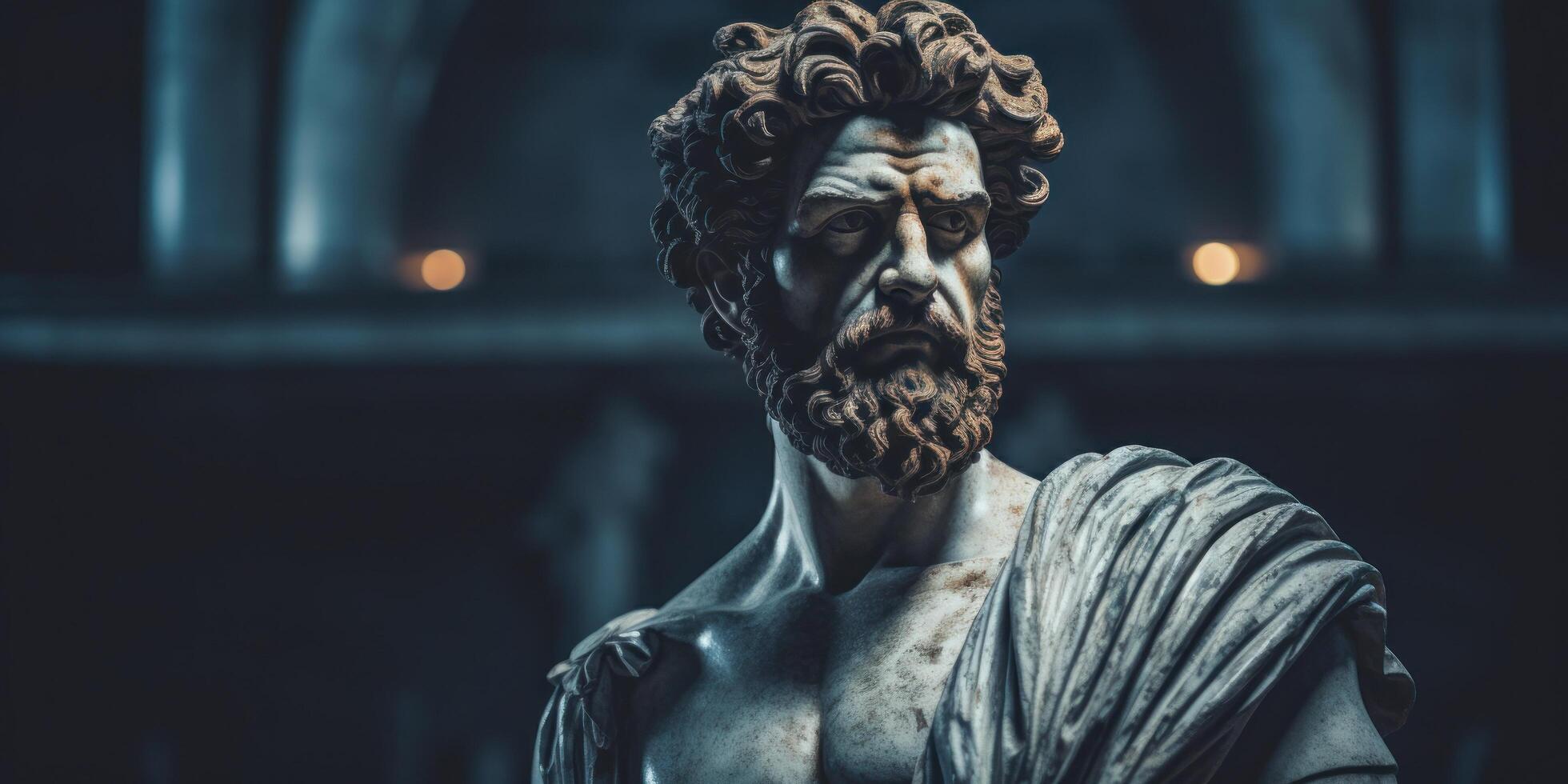 Ancient marble statue of a bearded man with dramatic lighting photo