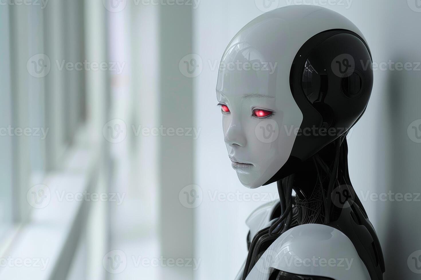 Futuristic android with glowing red eyes photo