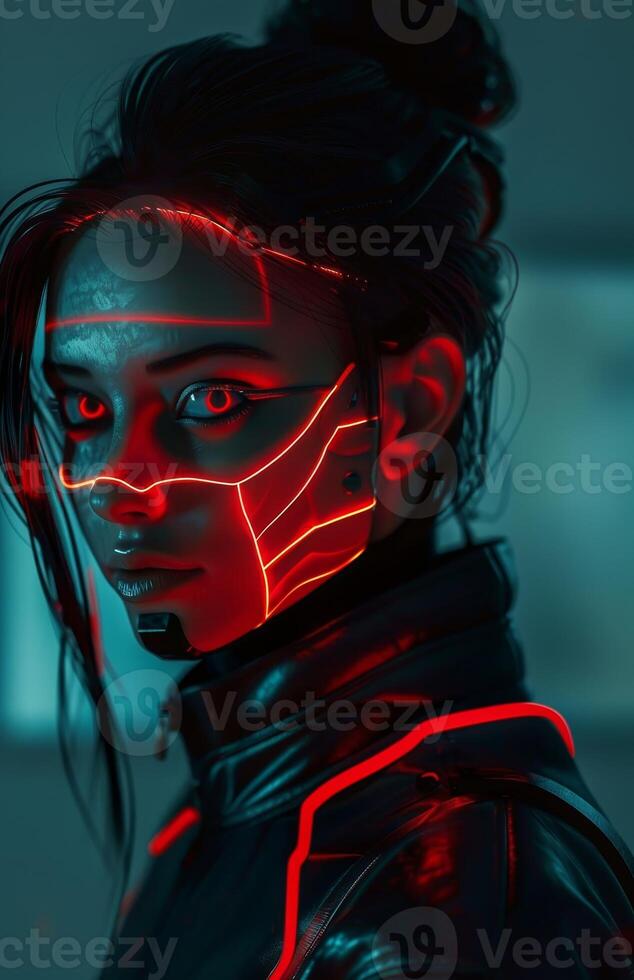 Futuristic Woman with Neon Face Paint in Red and Blue Light photo