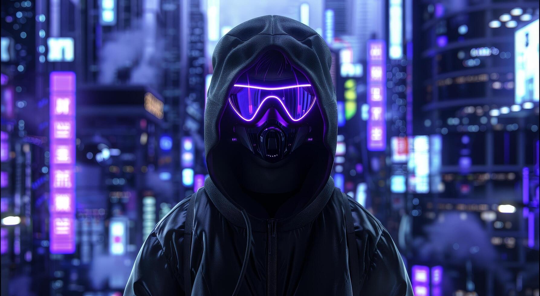 Futuristic Cyberpunk Character in Neon Lit City photo