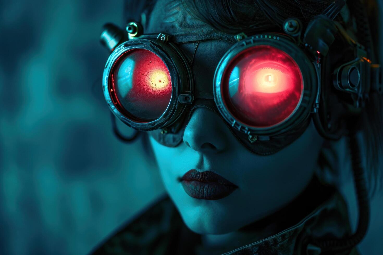 Futuristic portrait of a person with illuminated goggles photo