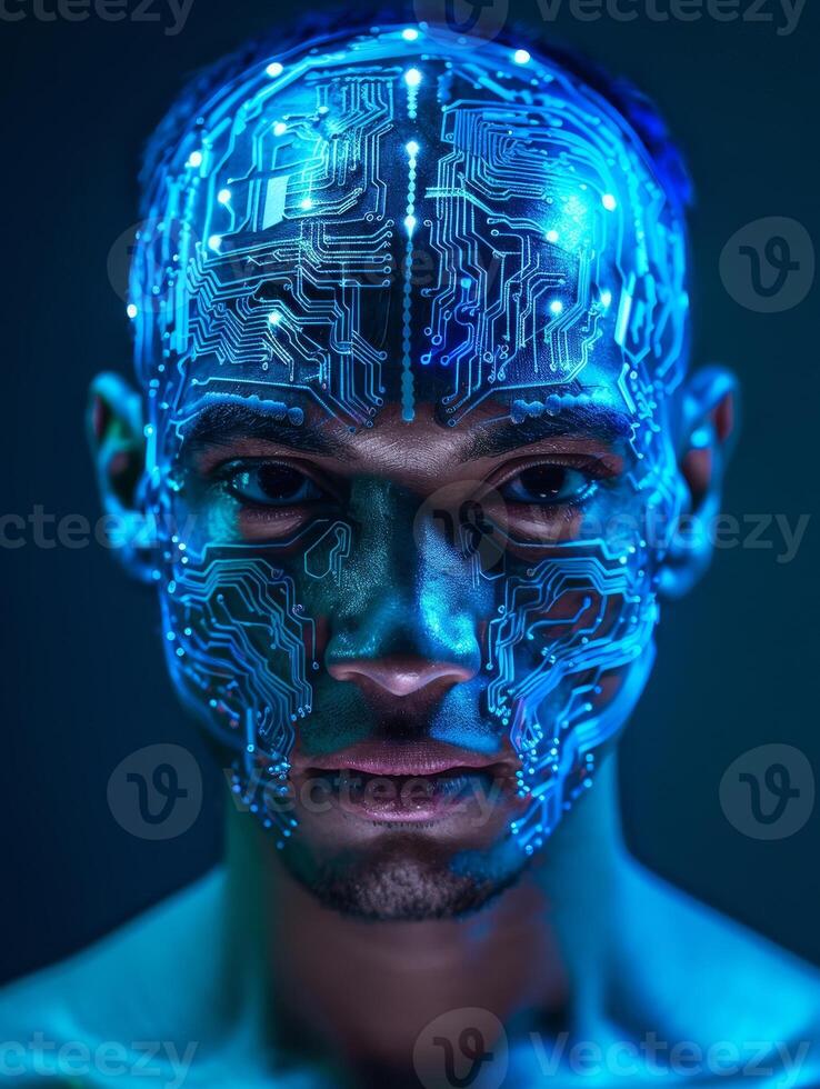 Futuristic Man with Glowing Circuit Board Face Paint in Dark Setting photo