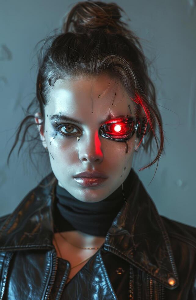Futuristic Woman with Cybernetic Eye in Moody Lighting photo