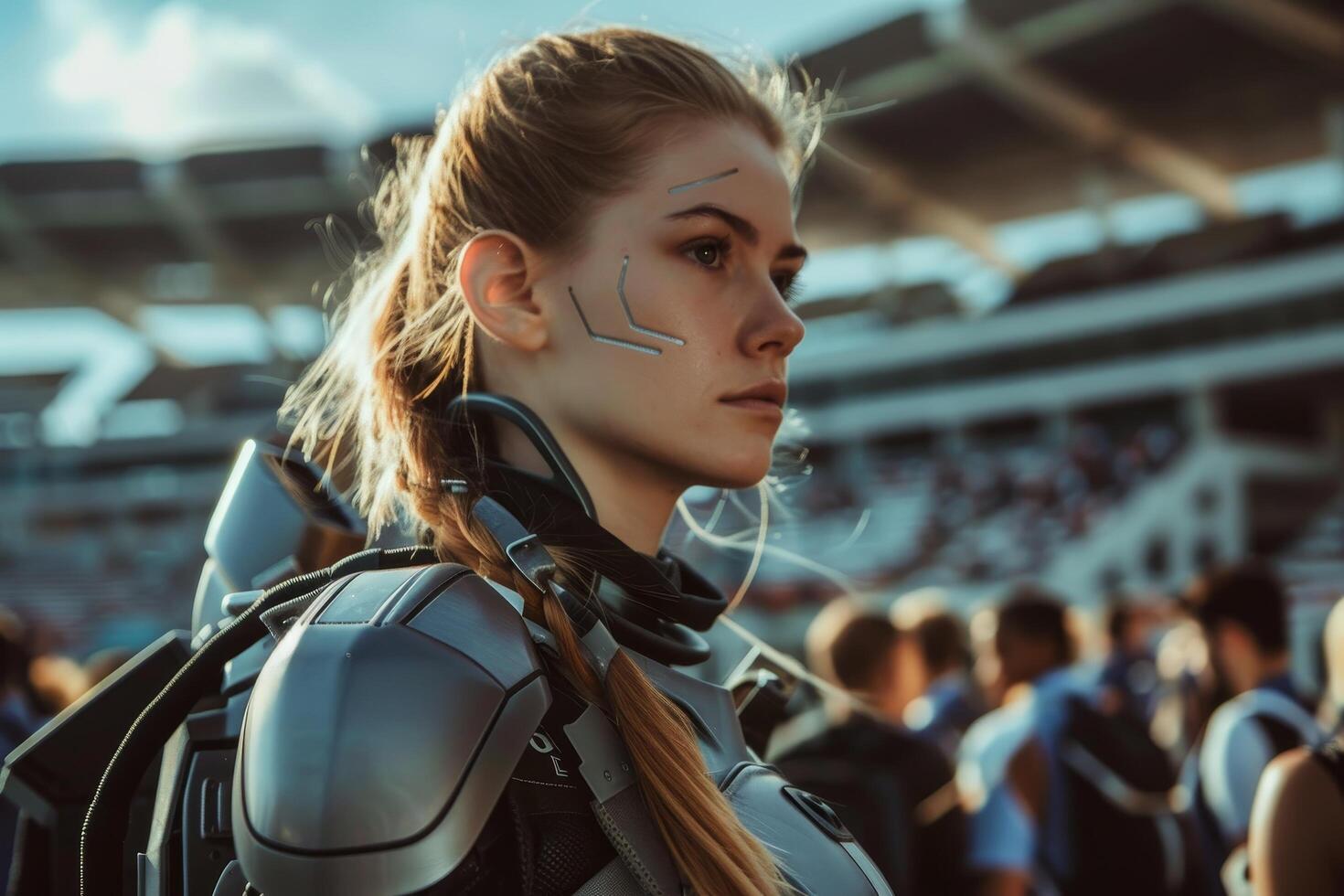 Futuristic female warrior in armor at a stadium photo