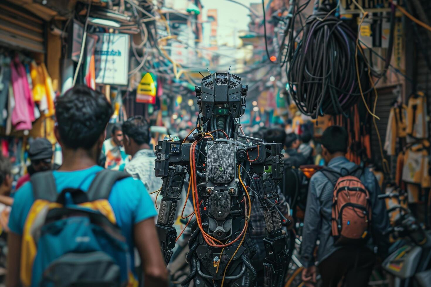 Futuristic Robot Walking Through a Busy Market Street photo