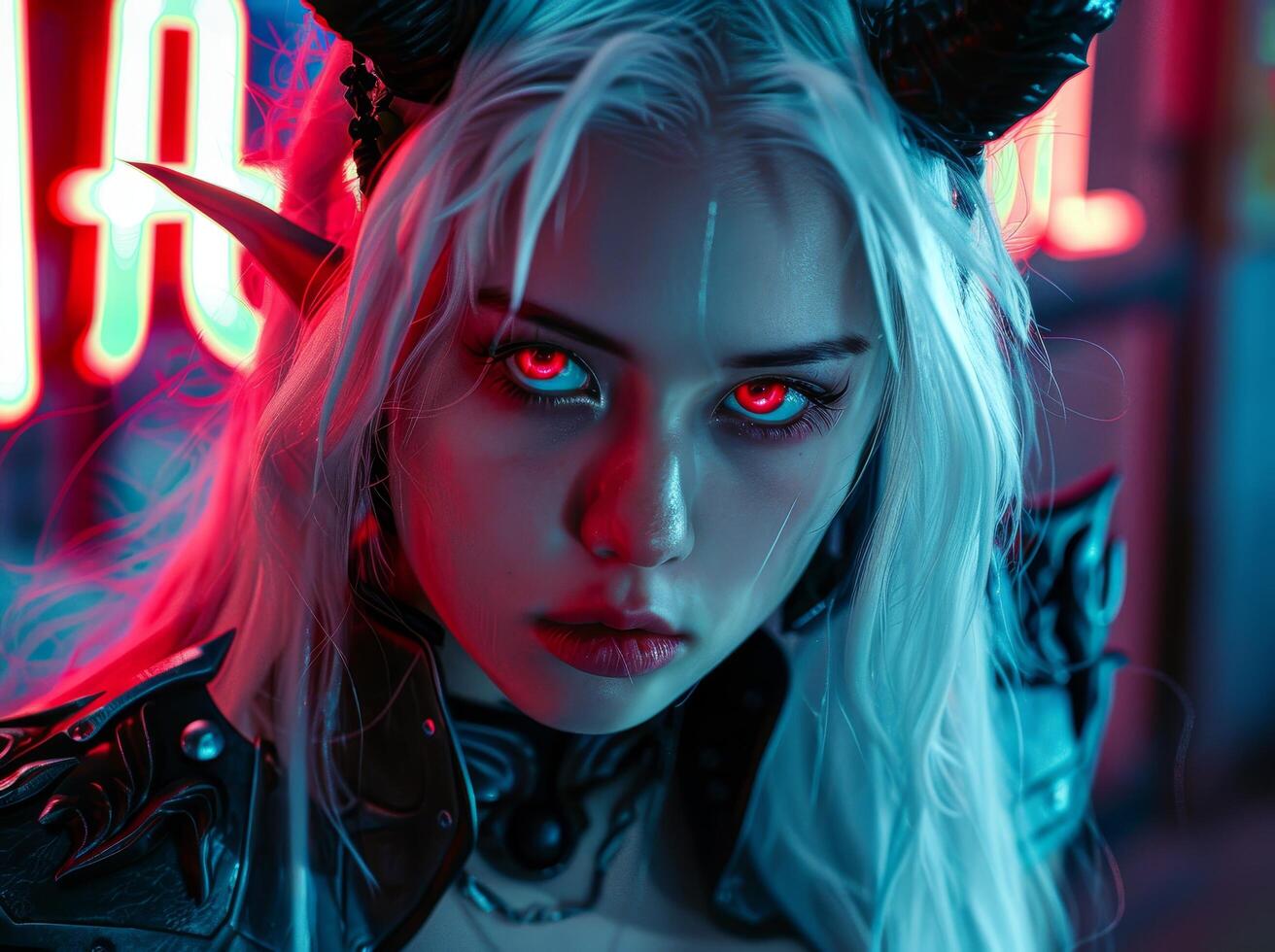 Futuristic cyberpunk woman with glowing red eyes in neon light photo