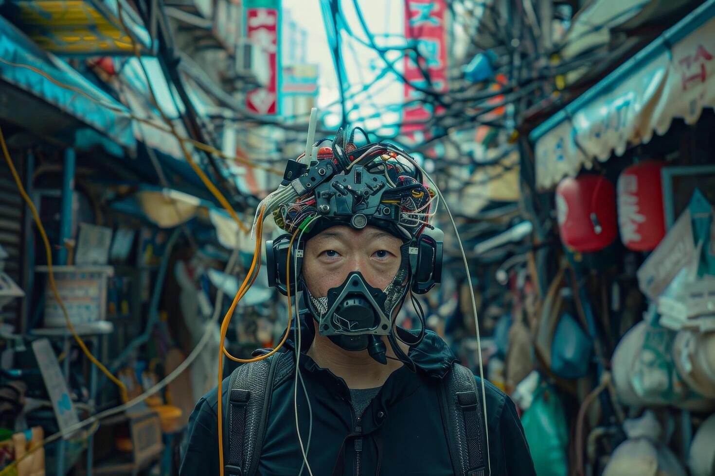 Futuristic Man with High Tech Headgear in Urban Setting photo