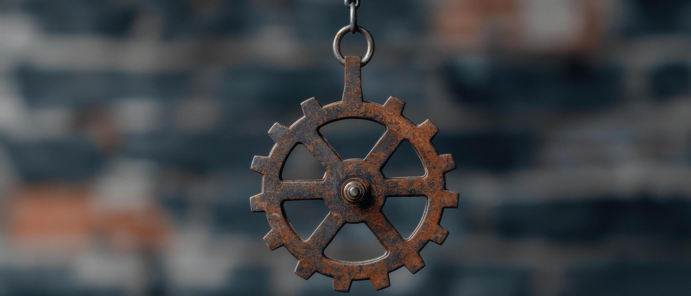 Rusty gears and cogs hanging on a chain photo