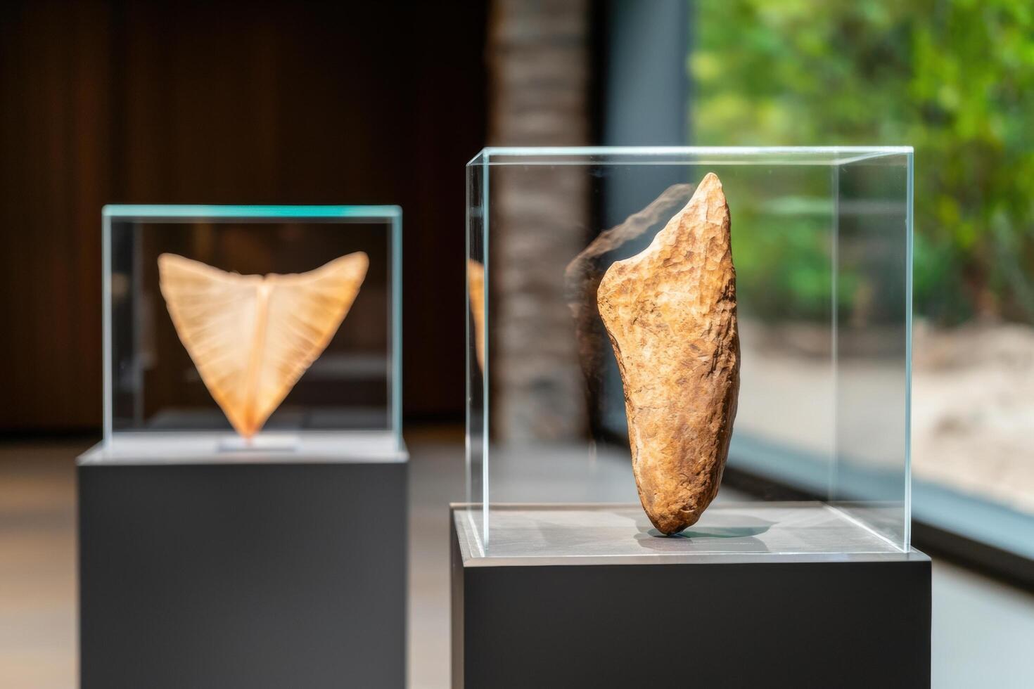 modern art display with glass cases and natural rock photo