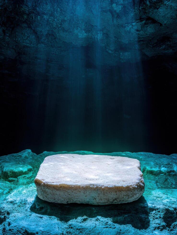 Mysterious underwater cave with glowing rock formation photo