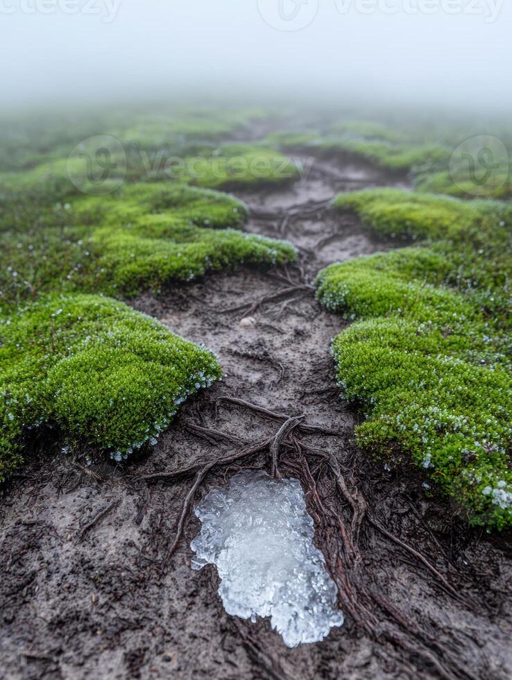 Mossy forest path with ice crystals photo