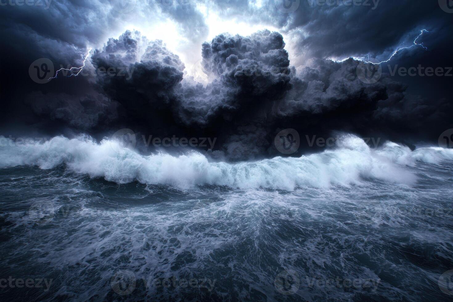 Dramatic stormy ocean waves and cloudy sky photo