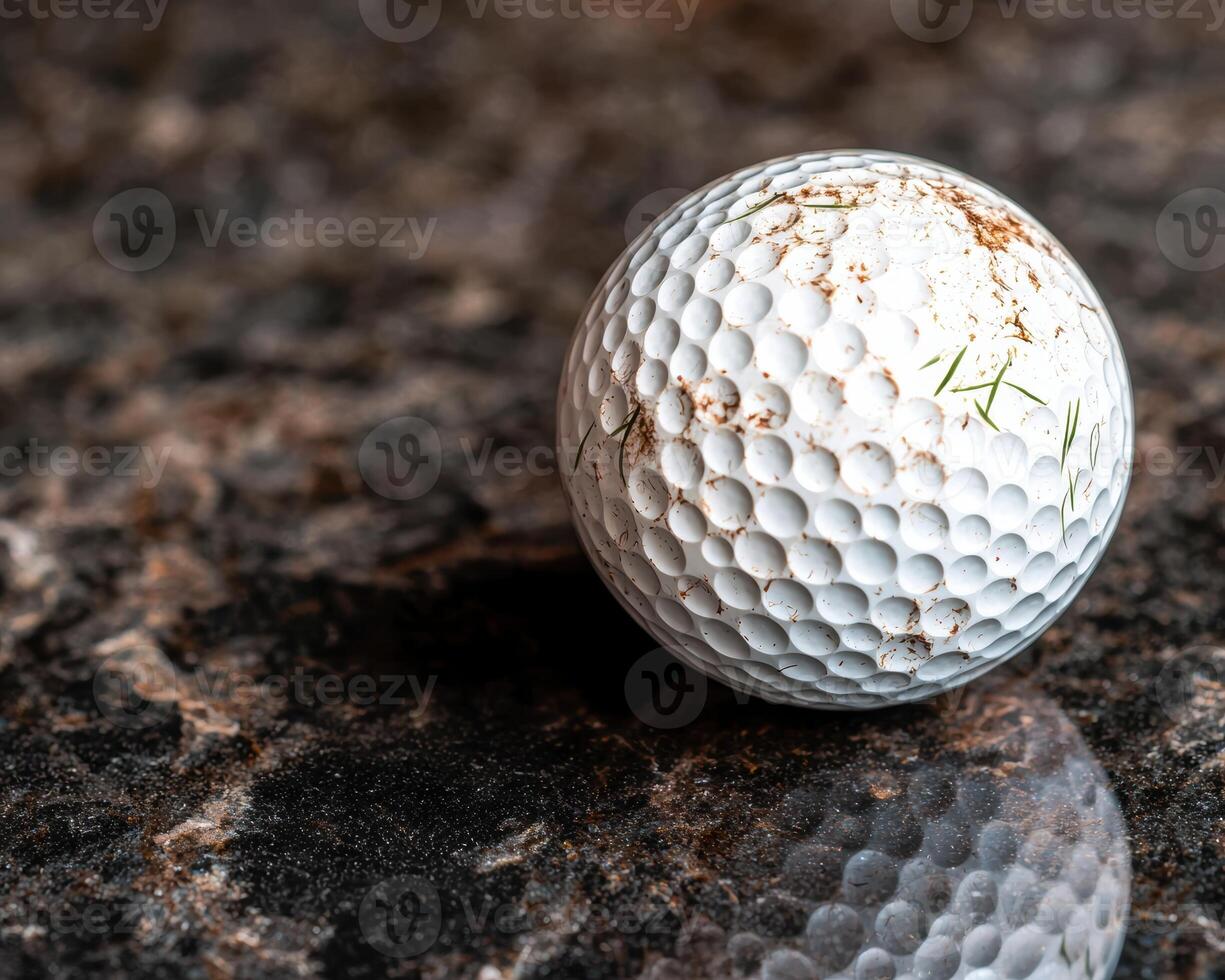 Close up of a worn golf ball on a rocky surface photo