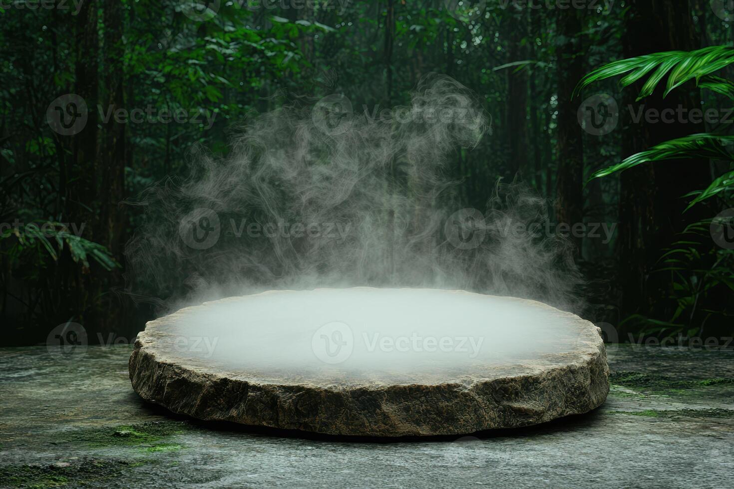 Misty forest scene with glowing platform photo