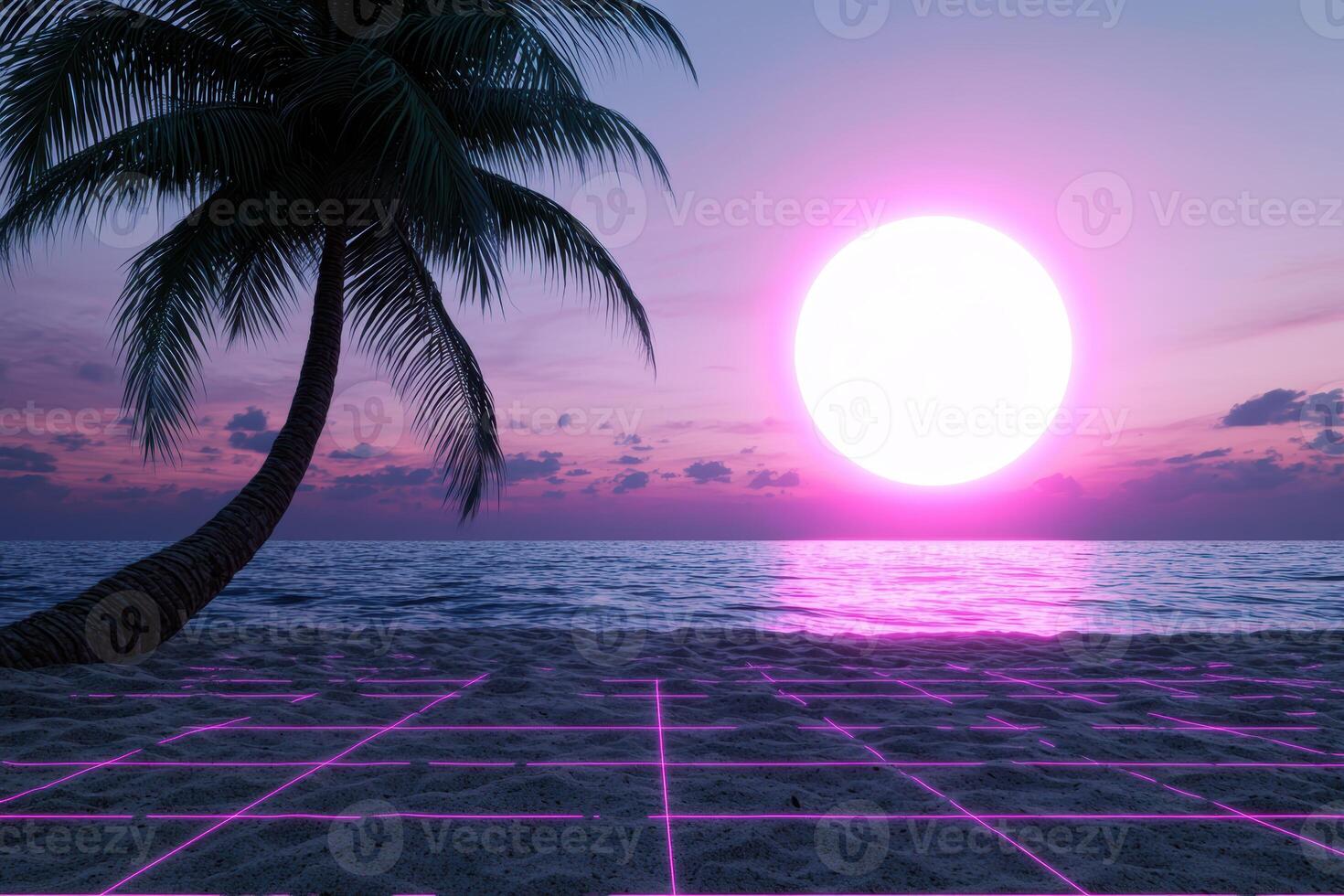 Tropical sunset over the ocean with palm tree silhouette photo