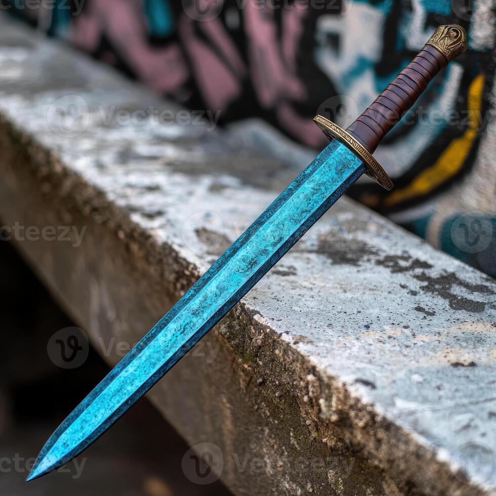 Ornate fantasy sword on rocky surface photo
