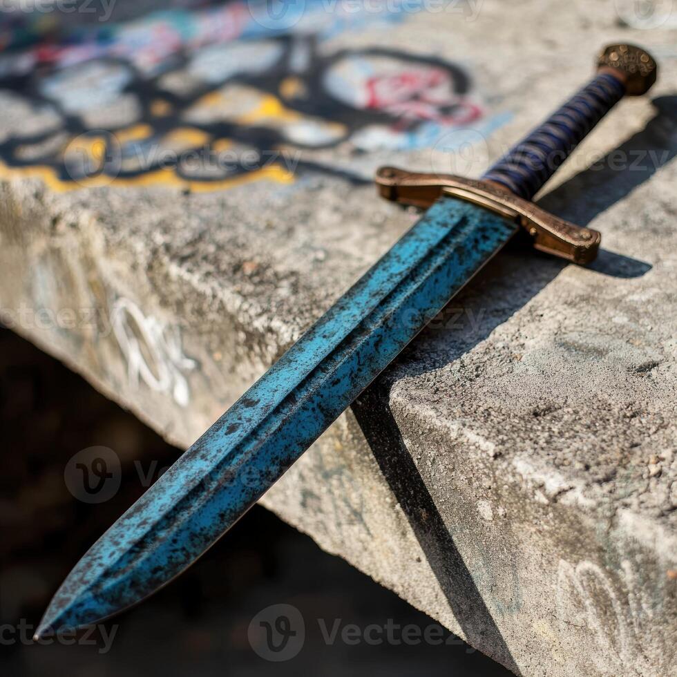 Decorative sword with graffiti background photo