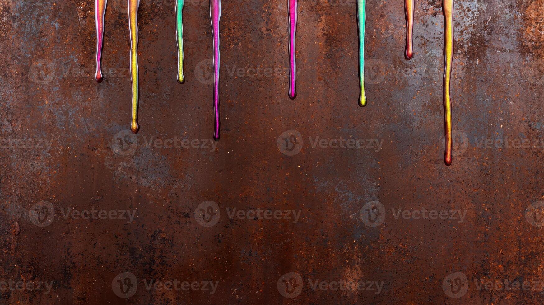 Colorful paint drips on rusty metal background photo