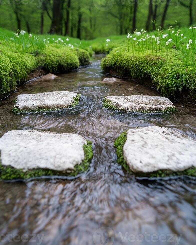 Serene forest stream with moss covered rocks photo