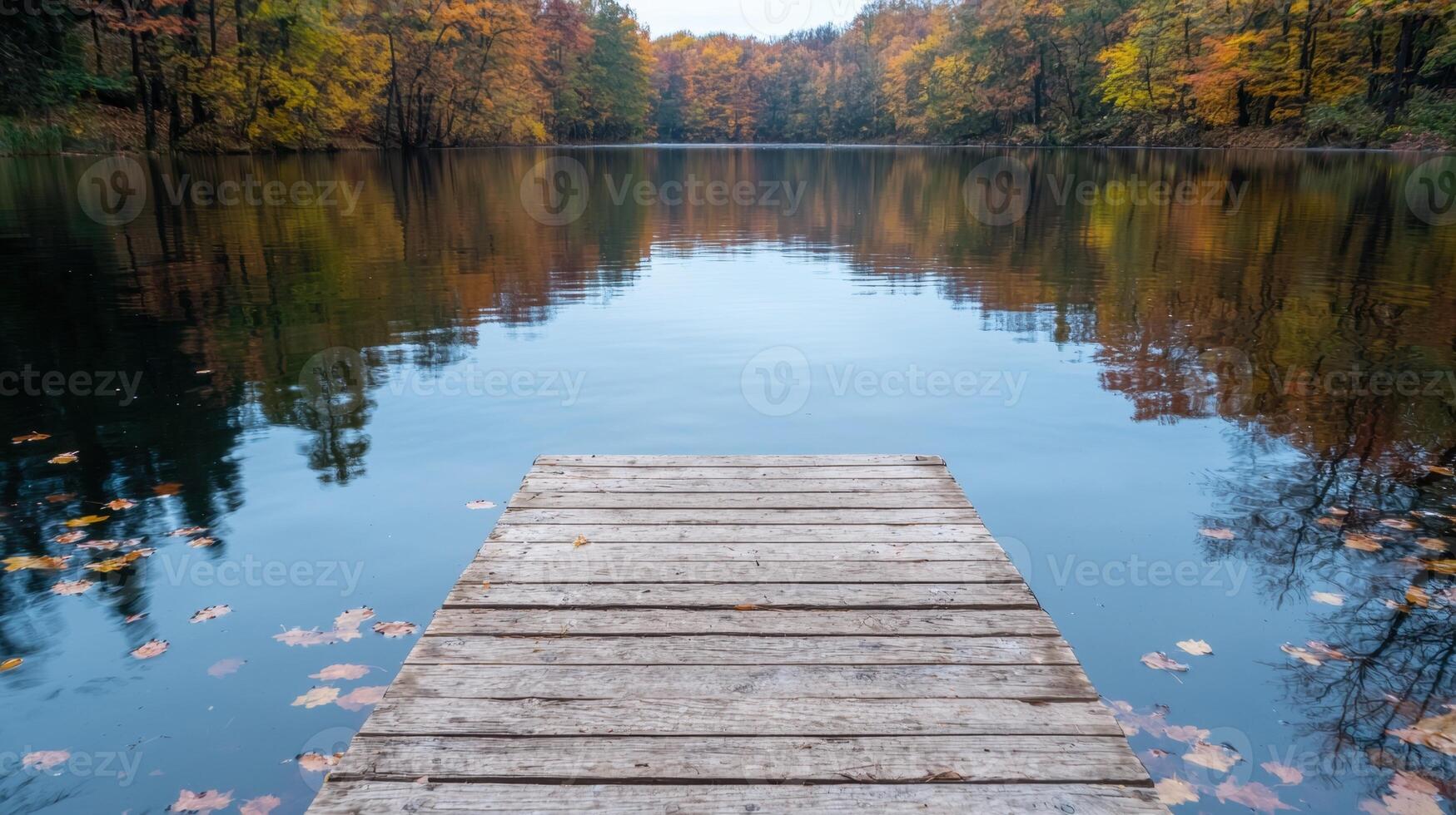 serene autumn lake with wooden dock photo