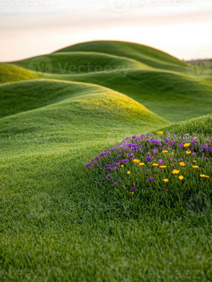 Lush green hills with vibrant wildflowers photo
