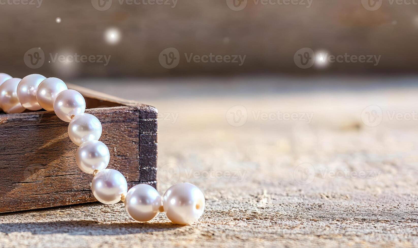 Elegant pearl necklace on wooden surface photo