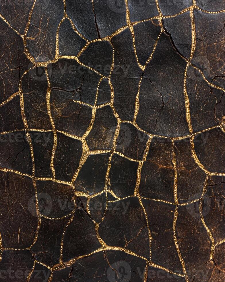 Intricate golden web on dark leather texture photo