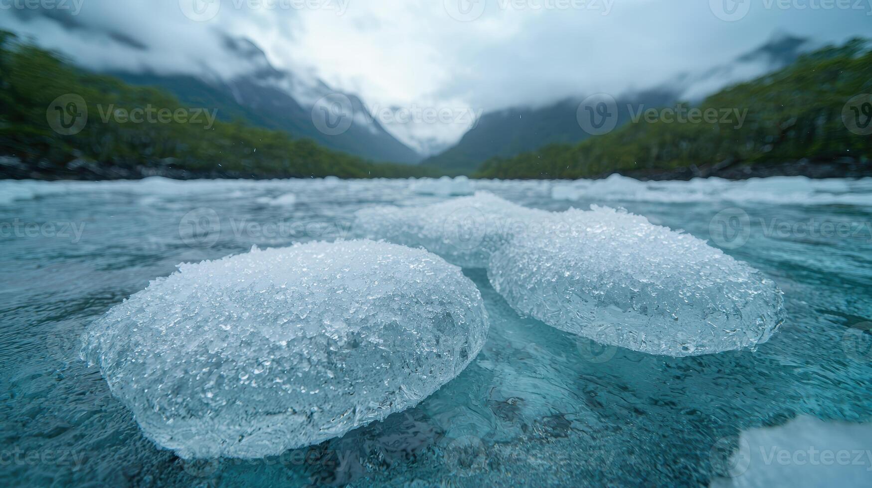 Icy chunks floating on a serene mountain lake photo