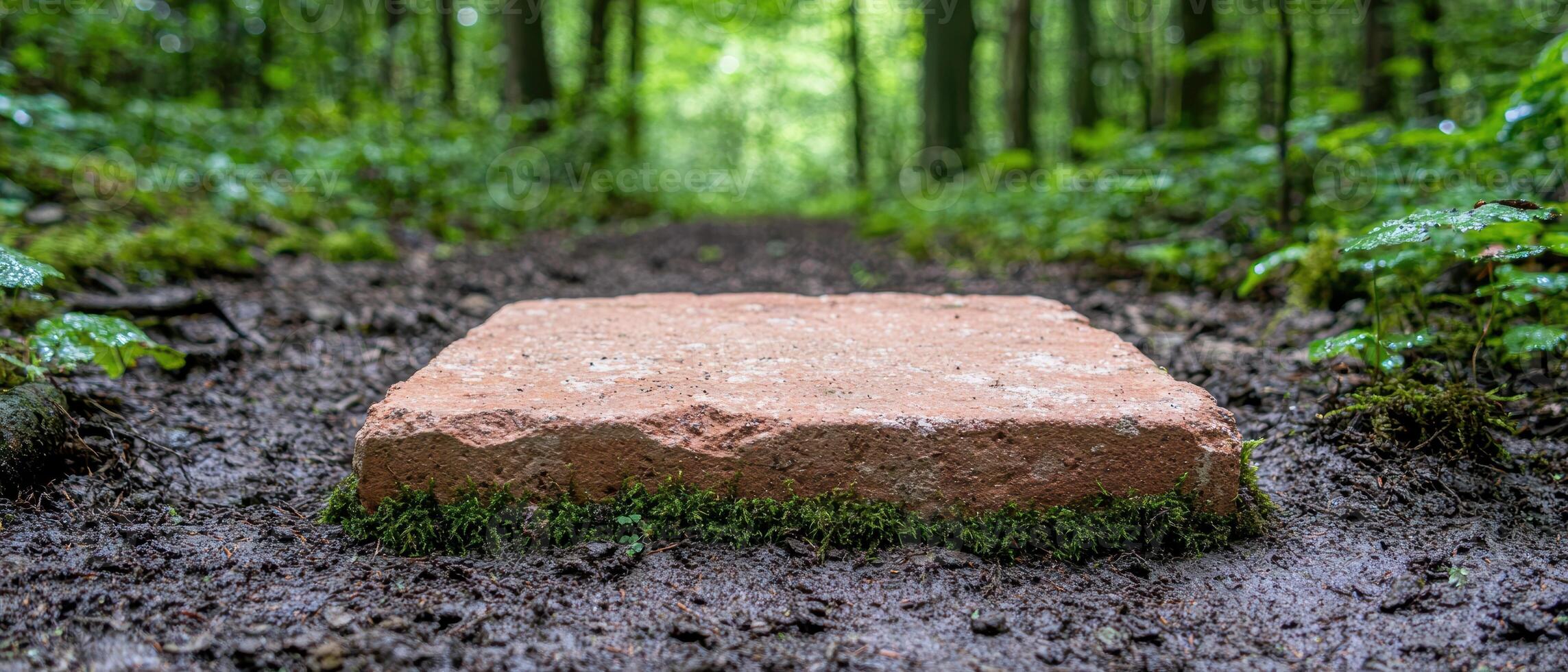 Moss covered stone in a lush green forest photo