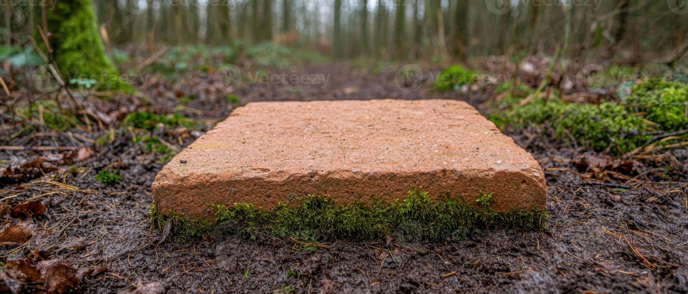 Moss covered stone in forest path photo