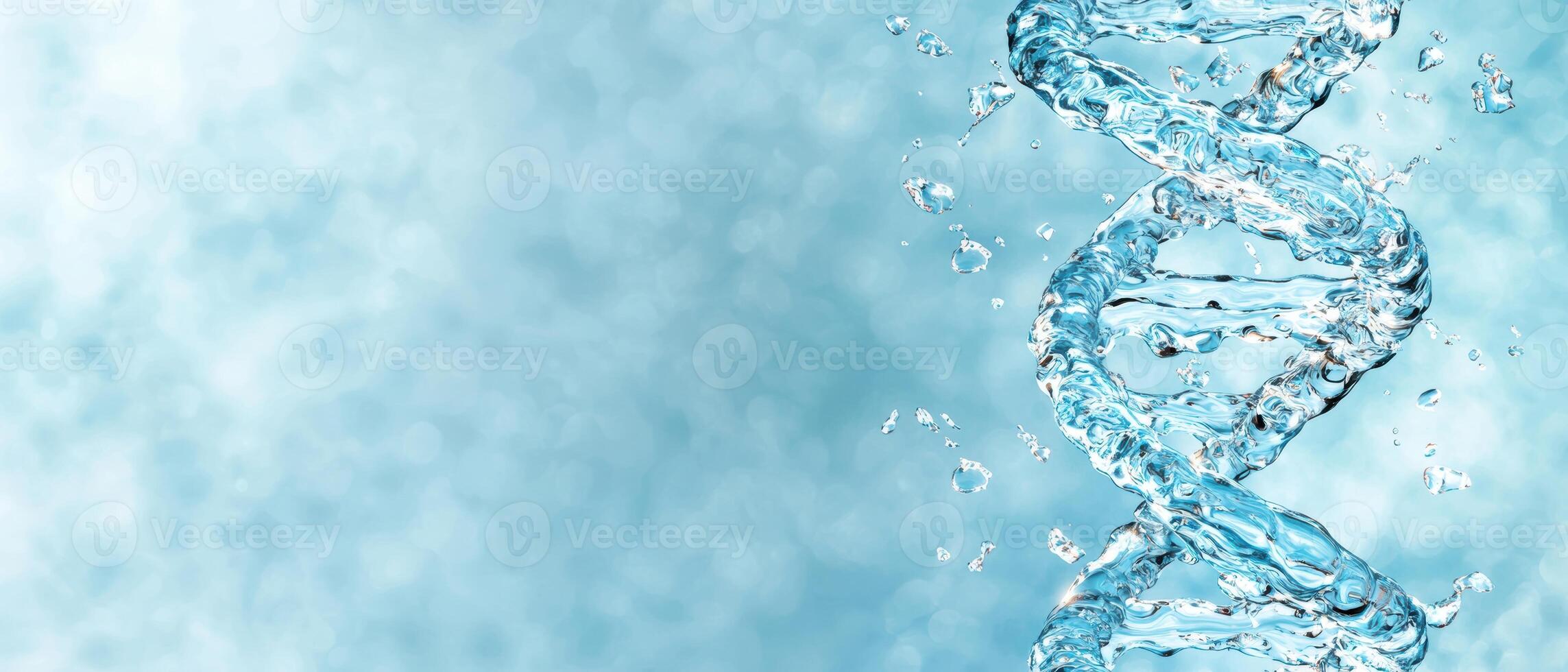 Flowing water splash and bubbles on a light blue background photo