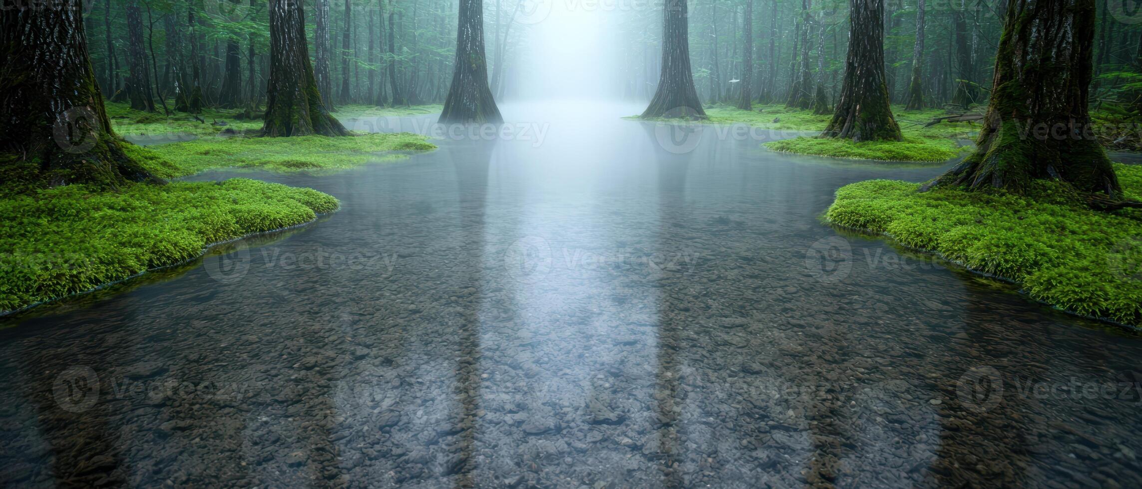 Serene forest landscape with mossy trees and still water photo
