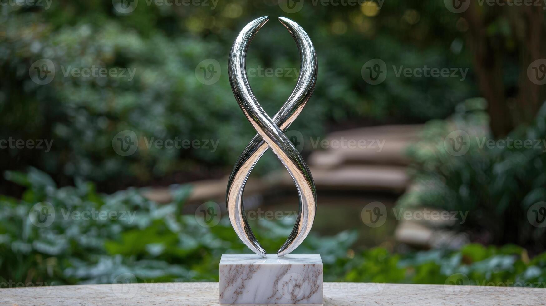 abstract chrome sculpture on marble pedestal photo